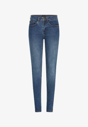 Jeans skinny realizzati in denim blu scuro, con vita media, cinque tasche e cuciture a contrasto. Texture liscia con una leggera elasticità.