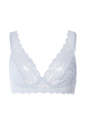 Jasnoniebieski koronkowy biustonosz z karbowanymi krawędziami, dekoltem w serek i regulowanymi ramiączkami. Z delikatnym kwiatowym wzorem na całej powierzchni.