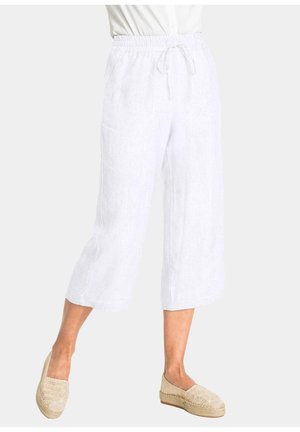 Pantalons cropped en lin blanc avec une taille élastique et un cordon de serrage. Comprend des poches latérales et une coupe ample pour le confort.