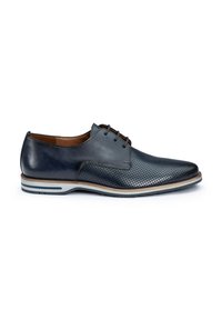 Scarpe in pelle blu navy con design perforato, punta affusolata e strisce grigio chiaro sul suola. Presentano tre fori per i lacci.