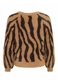 Pull marron pelucheux avec des rayures zébrées noires, manches longues et col rond, présenté de dos sur fond blanc.