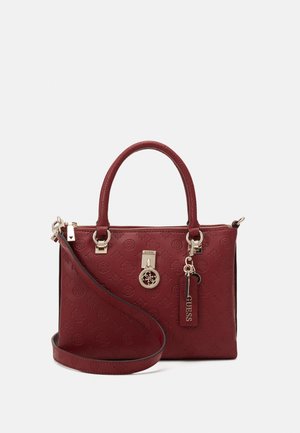 Red leather handbag with embossed logo pattern, dual top handles, gold-tone hardware, and detachable shoulder strap. Features a padlock detail.