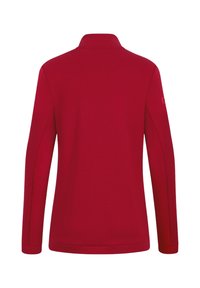 Polo a maniche lunghe rossa con colletto e cuciture laterali. Tessuto liscio e senza motivi o dettagli hardware visibili. Design sul retro semplice.