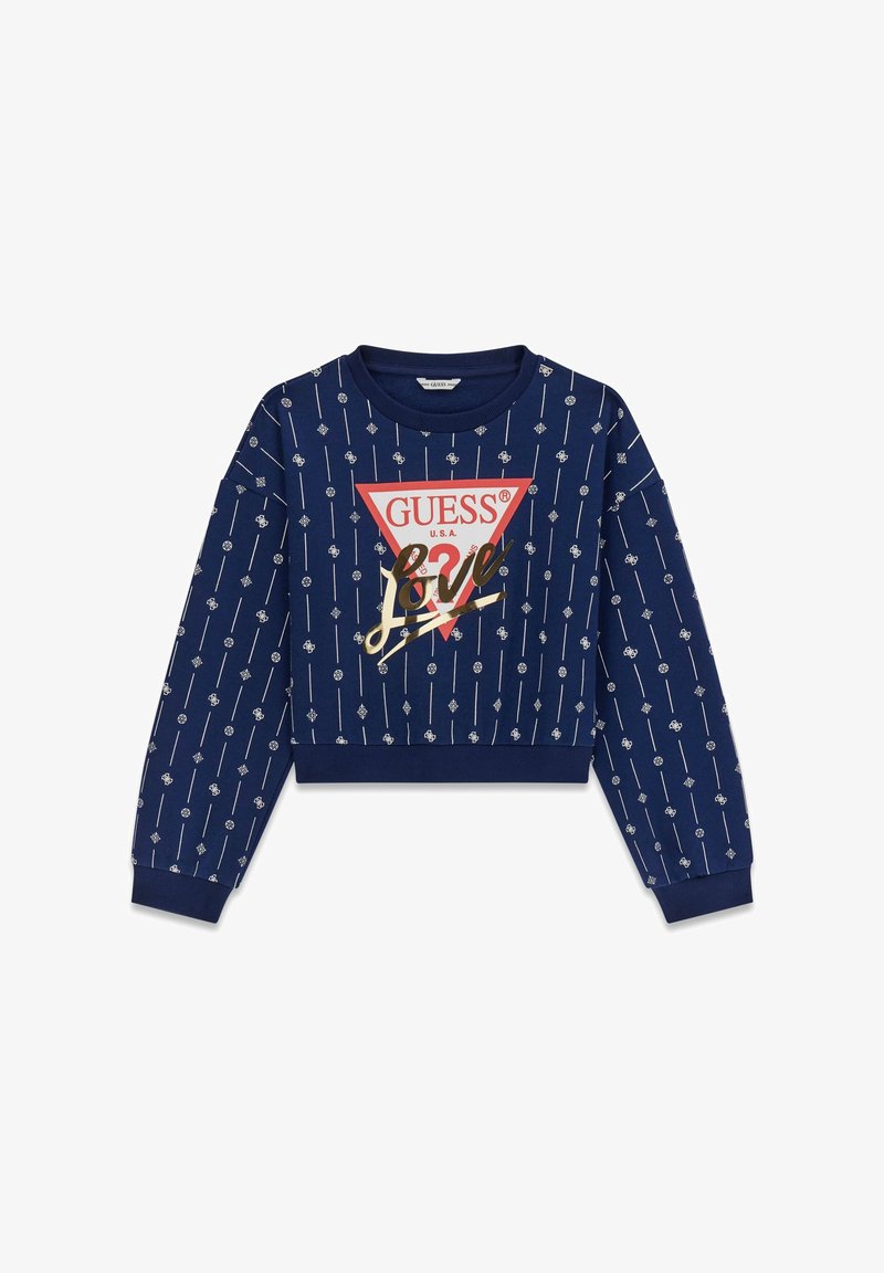 Marineblå kort sweatshirt med gentagne geometriske mønstre, med en rød trekantlogo med teksten "GUESS U.S.A." og gyldent "love" accentelement.