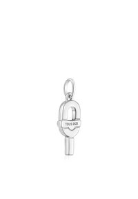 Colgante de plata en forma de candado, con un acabado pulido, grabado "TOUS 925," y un lazo desmontable para enganchar a joyería.