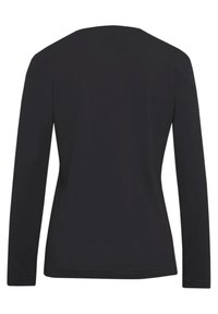 Schwarzes Langarmshirt mit rundem Ausschnitt, aus weichem Stoff gefertigt; glatte Textur ohne sichtbare Muster oder Verzierungen.