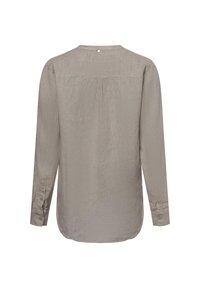 Helle graue Langarmshirt aus strukturiertem Stoff mit einem runden Kragen, einem Rückenfalten und knöpfbaren Manschetten. Rückansicht gezeigt.