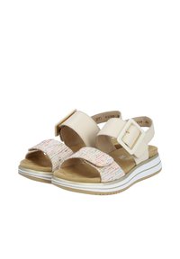 Sandali beige con una fascia in tessuto testurizzato caratterizzata da fili multicolori, una fascia superiore larga e un elemento decorativo a fibbia quadrata. Suola in gomma.