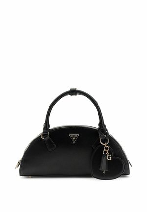 Sac à main noir semi-circulaire avec double poignées, logo Guess, et pendentif en forme de cœur attaché avec une clé et la lettre "G" sur fond blanc.