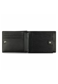 Portefeuille en cuir noir avec plusieurs emplacements pour cartes, une fermeture à pression et un intérieur texturé. Design compact, minimaliste sans accents proéminents.