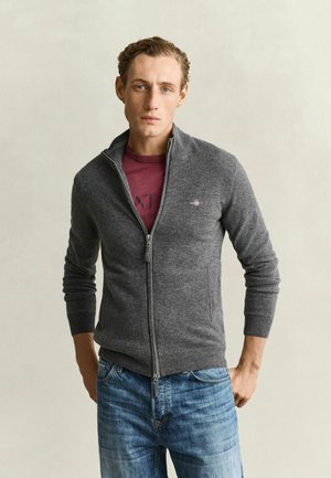 Homme aux cheveux courts et bouclés portant un pull gris zippé par-dessus une chemise rouge et un jean bleu, debout devant un fond clair uni.