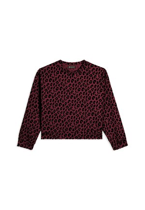 Haut à manches longues court en bordeaux avec un motif de léopard noir. Fabriqué en tissu doux avec un col rond et des poignets ajustés.