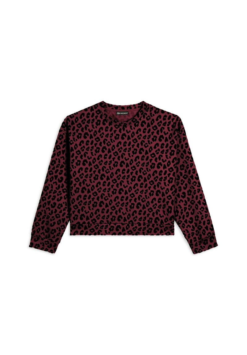 Top corto de manga larga en burdeos con un patrón de leopardo negro. Fabricado con una tela suave, con un escote redondo y puños ajustados.