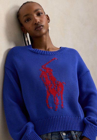 Μπλε πλεκτό πουλόβερ με κόκκινο κεντητό λογότυπο αλόγου. Διαθέτει άνετη εφαρμογή, ριμπ γιακά και μανσέτες. Υφή υφάσματος με υπερμεγέθη σχεδιασμό.