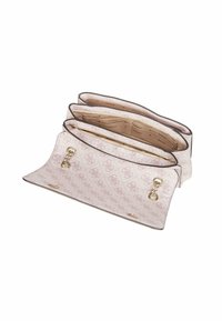 Borsa a tracolla in pelle rosa chiaro con un motivo testurizzato, dotata di una chiusura a doppio gancio e accessori in tonalità oro. L'interno ha diversi scomparti.