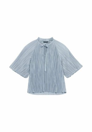 Light blue pleated top with a round neckline, short sleeves, and a tie detail at the front. Made of lightweight fabric with a textured finish.
