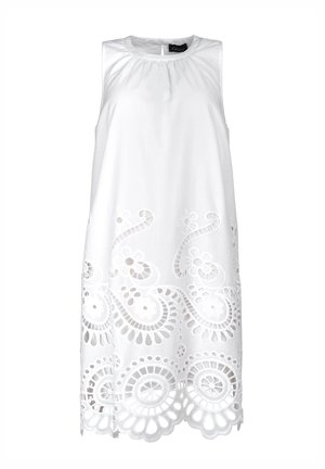 White sleeveless dress with a gathered neckline and detailed cutwork embroidery along the hem featuring floral and spiral patterns.