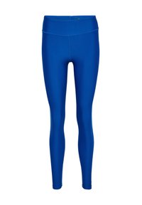 Blå leggings gjorda av töjbart material med hög midja, med slät yta utan synliga mönster eller detaljer.