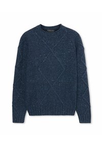Navyblauer, gestrickter Pullover mit diamantförmigen Zopfmustern und kleinen Sprenkeln, mit langen Ärmeln und einem Rundhalsausschnitt.