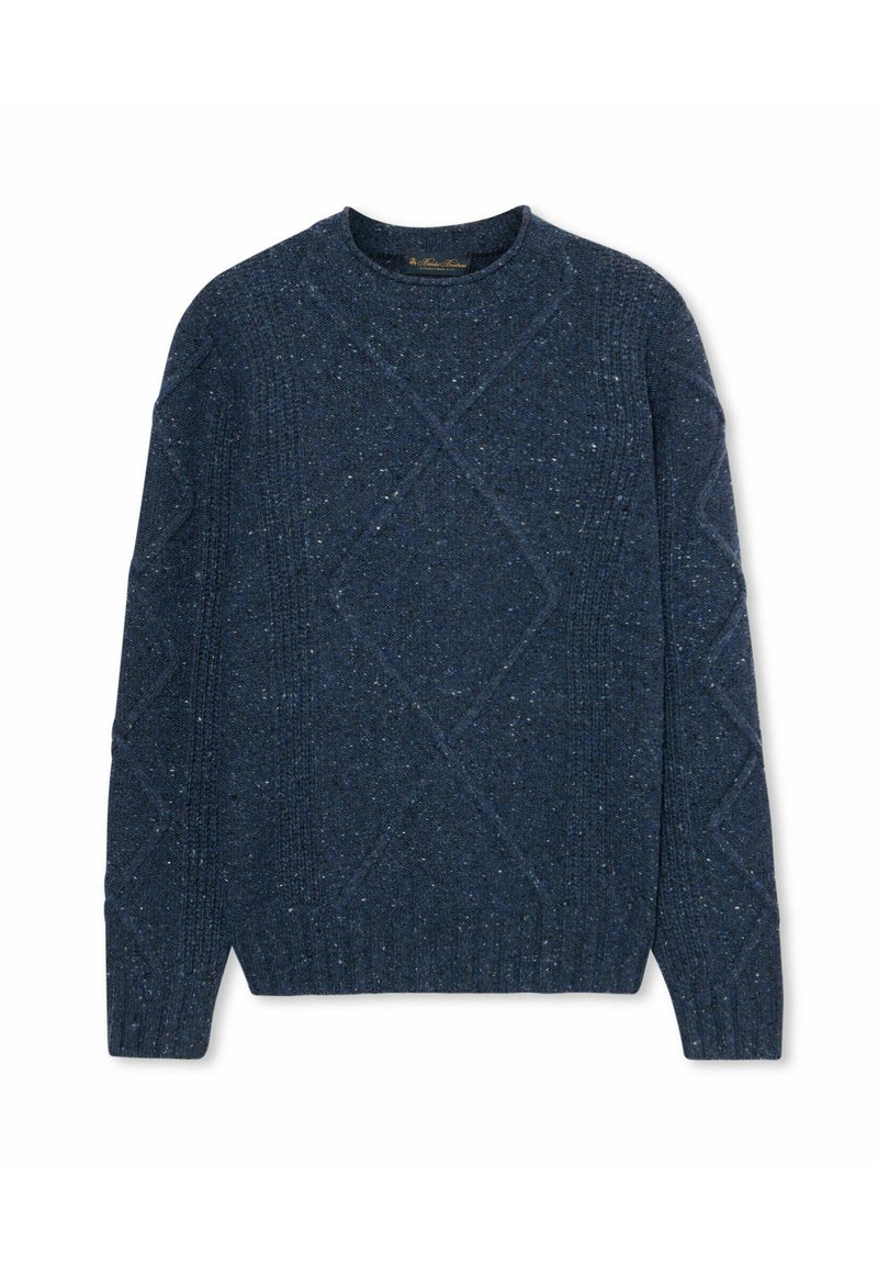 Navyblauer, gestrickter Pullover mit diamantförmigen Zopfmustern und kleinen Sprenkeln, mit langen Ärmeln und einem Rundhalsausschnitt.