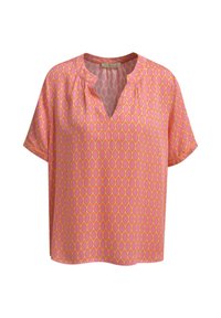 Kurzärmelige Bluse in Pink mit einem Diamantmuster in Gelb. V-Ausschnitt und weicher, glatter Stoff. Lockerer Schnitt und fließendes Design.