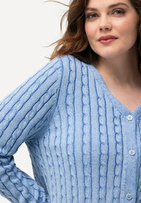 Vaaleansininen neulottu neulejakku, jossa on köysikuvio, V-pääntie, pitkät hihat ja nappikiinnitys. Pehmeä rakenne, jossa on kontrastivärisiä sinisiä yksityiskohtia.