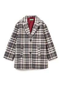 Cappotto a quadri grigio, bianco e rosa. Presenta un colletto a punta, due tasche frontali e due bottoni. Fodera in tessuto bordeaux.