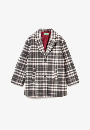 Manteau à carreaux gris, blanc et rose. Il présente un col cranté, deux poches avant et deux boutons. Doublé avec un tissu bordeaux.