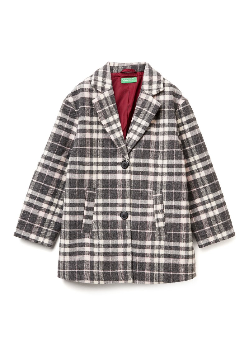 Cappotto a quadri grigio, bianco e rosa. Presenta un colletto a punta, due tasche frontali e due bottoni. Fodera in tessuto bordeaux.