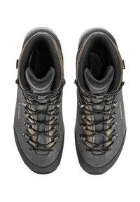 Schwarze Leder-Wanderschuhe mit braunen Akzenten, ausgestattet mit einer strukturierten Oberfläche, einem gepolsterten Kragen und einer Schnürung für einen sicheren Halt.