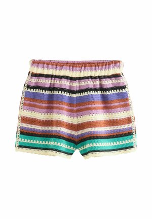 Háčkované šortky s elastickým pásom, zdobené horizontálnymi pruhmi v farbách fialová, krémová, čierna, modrá, hnedá a tyrkysová.