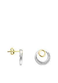 Orecchini a bottone circolari in argento e oro, con un piccolo anello interno, impreziositi da una fila di gemme trasparenti lungo il bordo.
