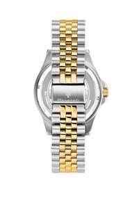 Orologio in acciaio inossidabile con cinturino bicolore, caratterizzato da una parte centrale dorata e maglie argentate. Cassa rotonda con corona dorata.