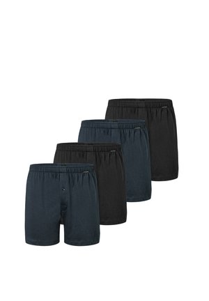 Vier paren katoenen boxers in donkergrijs en zwart. Voorzien van een elastische tailleband en een enkele knoopopening aan de voorkant.