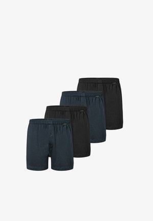Quattro paia di boxer in cotone di colore grigio scuro e nero. Presentano un elastico in vita e un'apertura con un singolo bottone davanti.