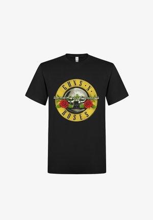 Mustapaitainen lyhythihainen T-paita, jossa on ympyrän muotoinen Guns N' Roses -logo keltaisella taustalla, ruusuja ja ristikkäisiä aseita keskellä.