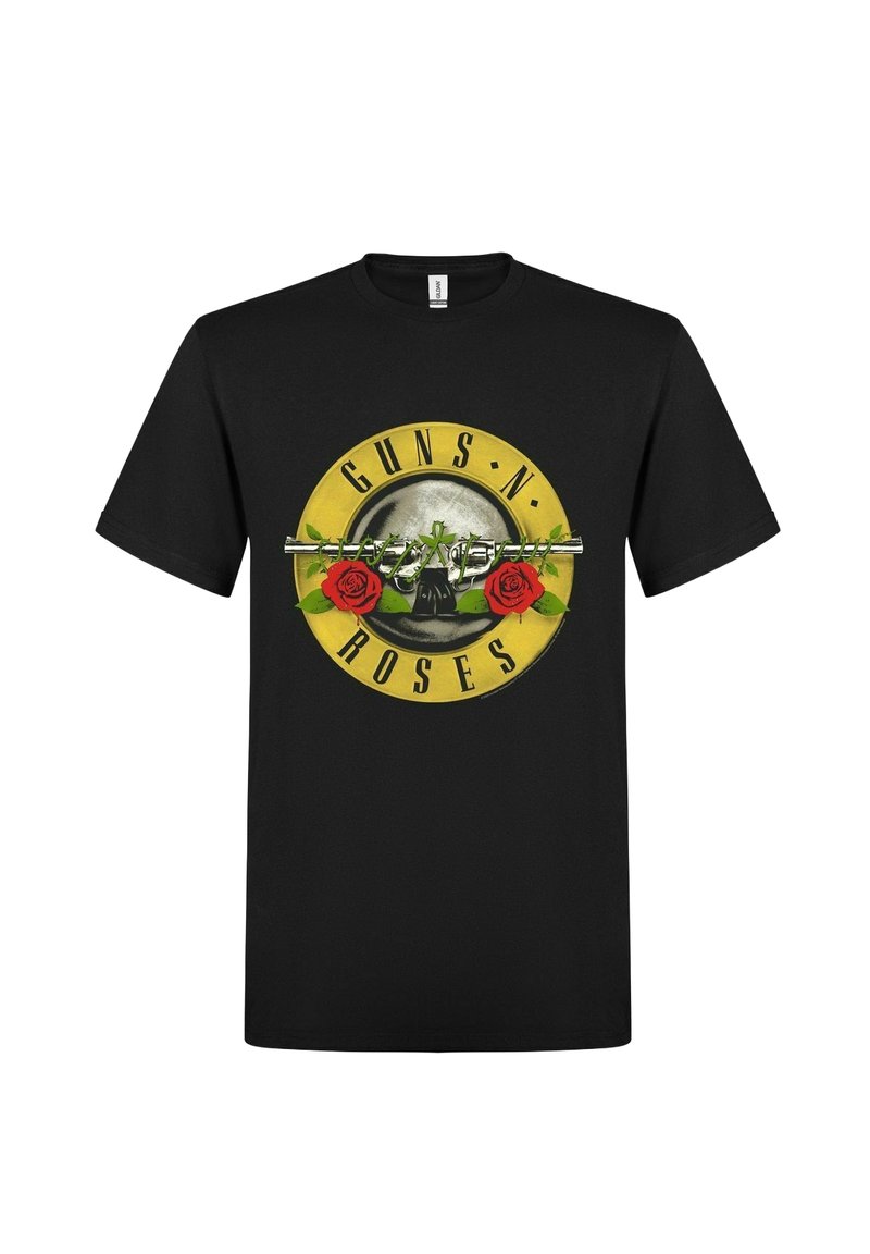 Černé tričko s krátkým rukávem s kulatým logem Guns N' Roses na žlutém pozadí, růžemi a zkříženými zbraněmi uprostřed.