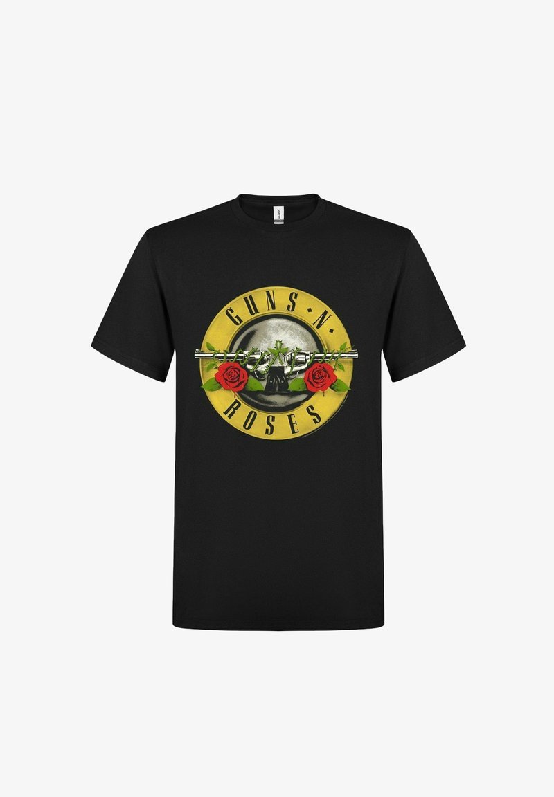 Černé tričko s krátkým rukávem s kulatým logem Guns N' Roses na žlutém pozadí, růžemi a zkříženými zbraněmi uprostřed.