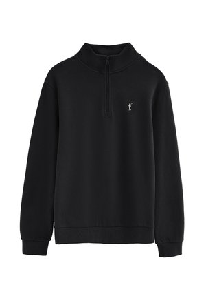 Pullover nero a maniche lunghe con zip a quarti e piccolo logo bianco di golfista sul petto a sinistra, polsini e orlo a coste.