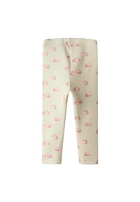 Helle beige Leggings aus weicher Baumwolle, mit einem rosa Wolkenmuster, elastischem Bund und körpernahem Design für Komfort.