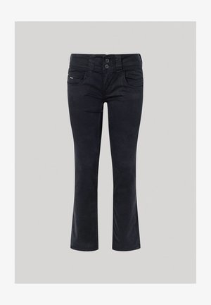 Sorte svajede jeans lavet af strækbomuld. Har en dobbeltknaplukning, forlommer og en glat, mat tekstur.