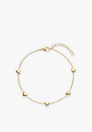 Bracelet en ton or présentant cinq petits accents brillants en forme de cœur, reliés par une chaîne délicate avec un fermoir mousqueton et une longueur ajustable.