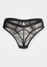 Fio dental preto feito de material transparente, apresentando um padrão de renda decorativa e um detalhe em forma de chave na parte da frente. Cintura elástica suave.