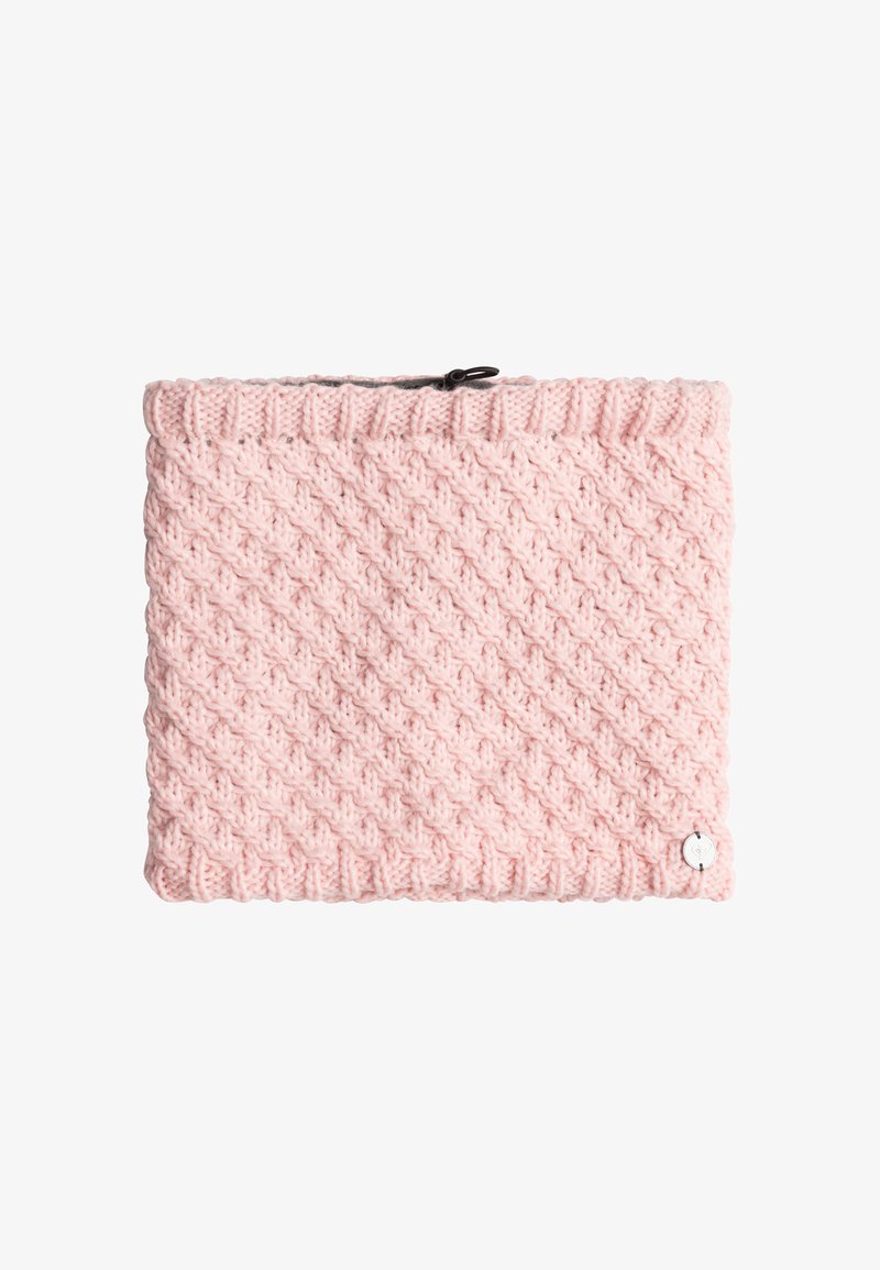 Pletený růžový nákrčník s texturovaným diamantovým vzorem, žebrovaným horním okrajem a malým kovovým akcentem. Zapínání na zip nahoře.