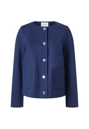 Dunkelblaue Damenjacke mit rundem Ausschnitt, langen Ärmeln, vorderer Knopfleiste und zwei aufgesetzten Taschen vorne.