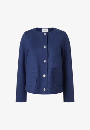 Veste pour femme bleu marine avec encolure ronde, manches longues, fermeture à boutons sur le devant et deux poches plaquées avant.