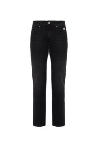 Jeans neri a gamba dritta con tasche frontali, passanti per cintura e chiusura con bottone, esposti su uno sfondo bianco.