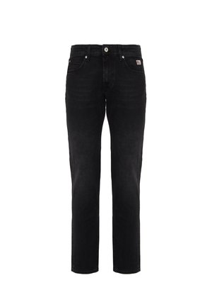 Jeans neri a gamba dritta con tasche frontali, passanti per cintura e chiusura con bottone, esposti su uno sfondo bianco.