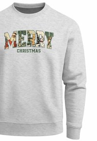Light gray sweatshirt featuring colorful, patterned "MERRY CHRISTMAS" text with festive imagery, including Santa and reindeer.