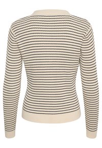 Maglione a coste color beige chiaro con righe orizzontali blu scuro. Presenta una scollatura rotonda e maniche lunghe; tessuto liscio.